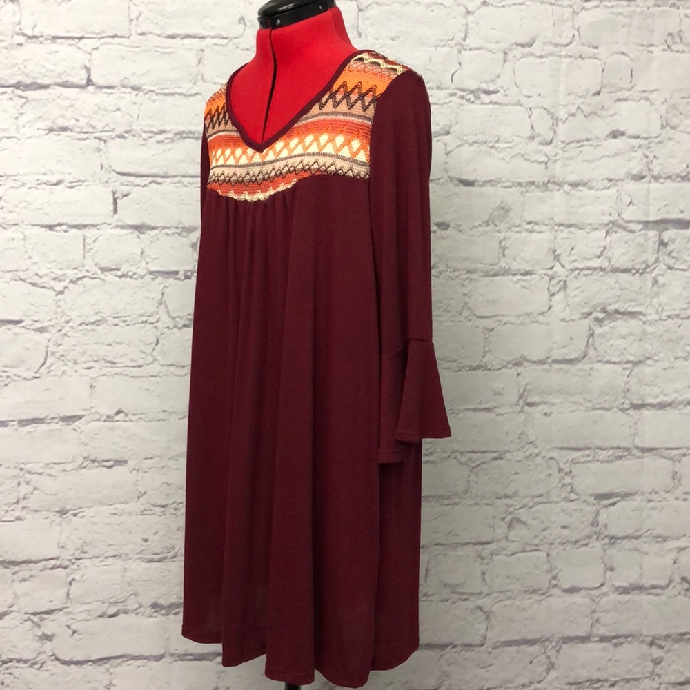Embroidered Ruffle Sleeve Dress In Burgundy - L - Picture 6 of 9